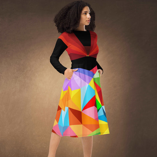 Color Symphony Unforgettable A-Line Long Sleeve Dress - Fashion Latitude